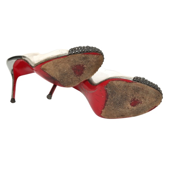 CHRISTIAN LOUBOUTIN Slingback Pumps PVC Crystals Pewter Leather Heels Cap Toe 38 - Picture 16 of 16